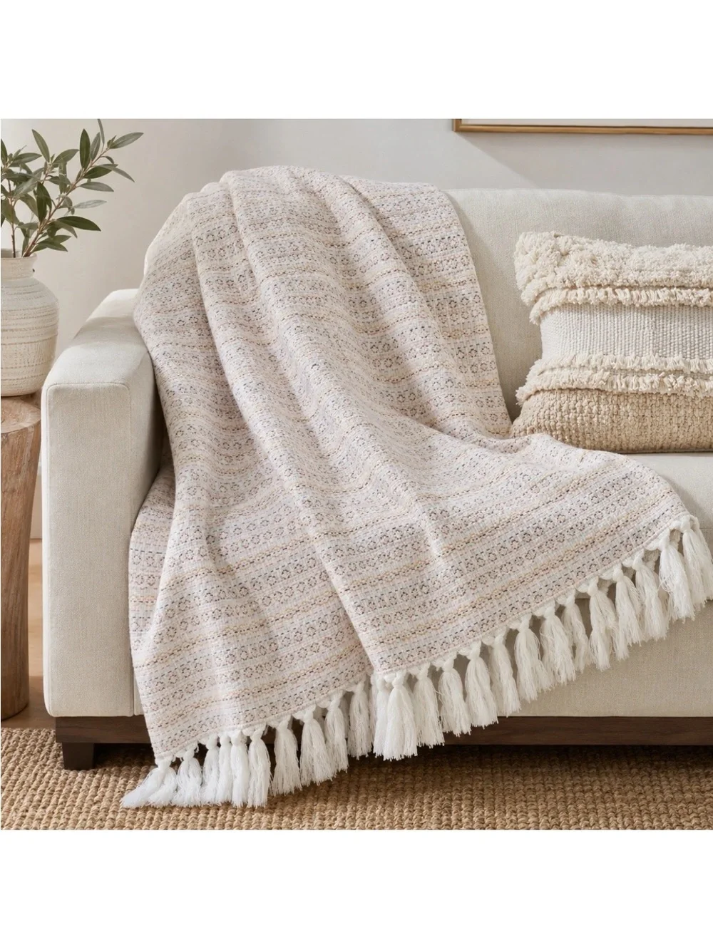 Anthropologie Fringe Tasseled Cotton Throw Blanket Textured Boho Pastel 50x70